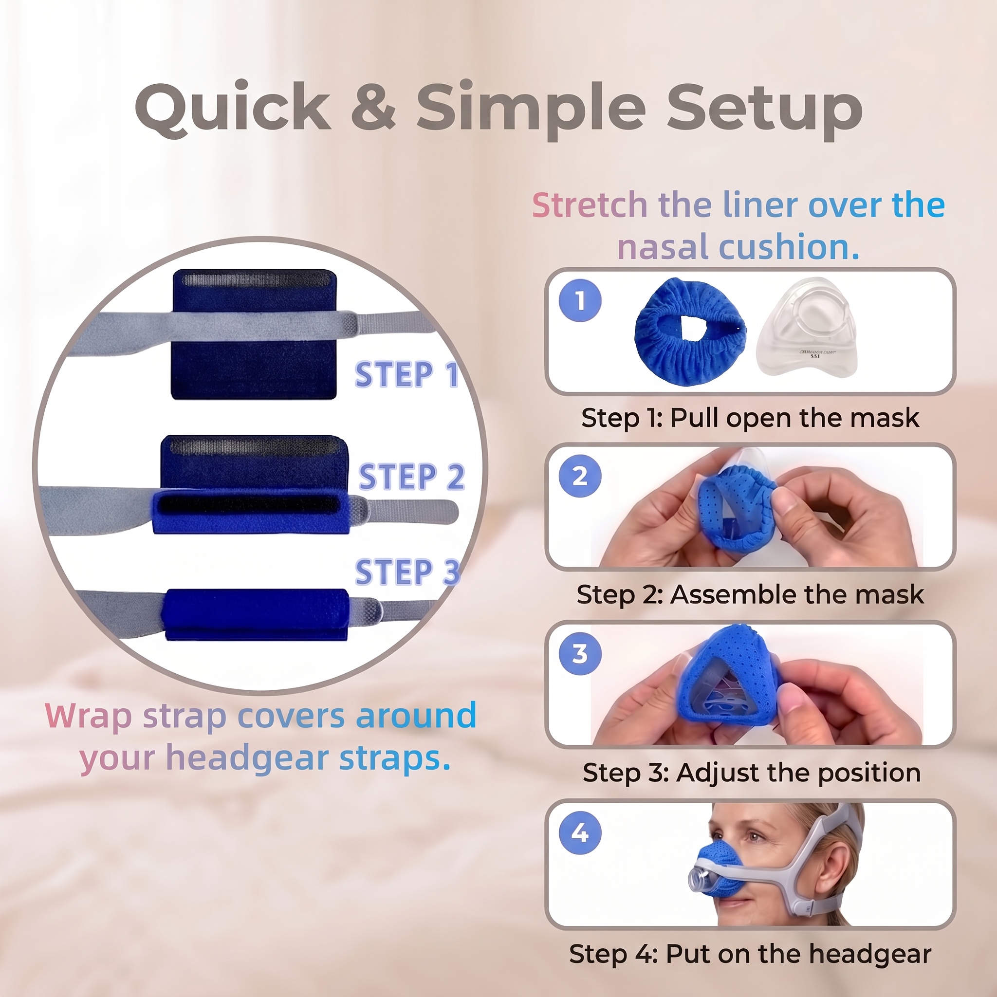TEMU Kit de confort CPAP 3 pièces compatible avec la plupart des masques nasaux - 2 protège-sangles de masque et 1 doublure nasale, housses douces