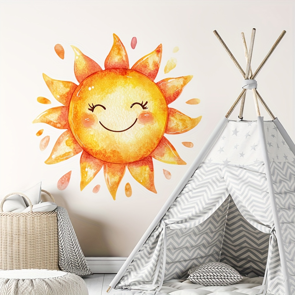 Image of Boho Smile Sun Wall Decals - Peel And Stick Watercolor Sunrise Art, Yellow Sunshine Pvc Stickers For Living Room, Playroom, Bedroom Decor, Removable And Easy To Apply