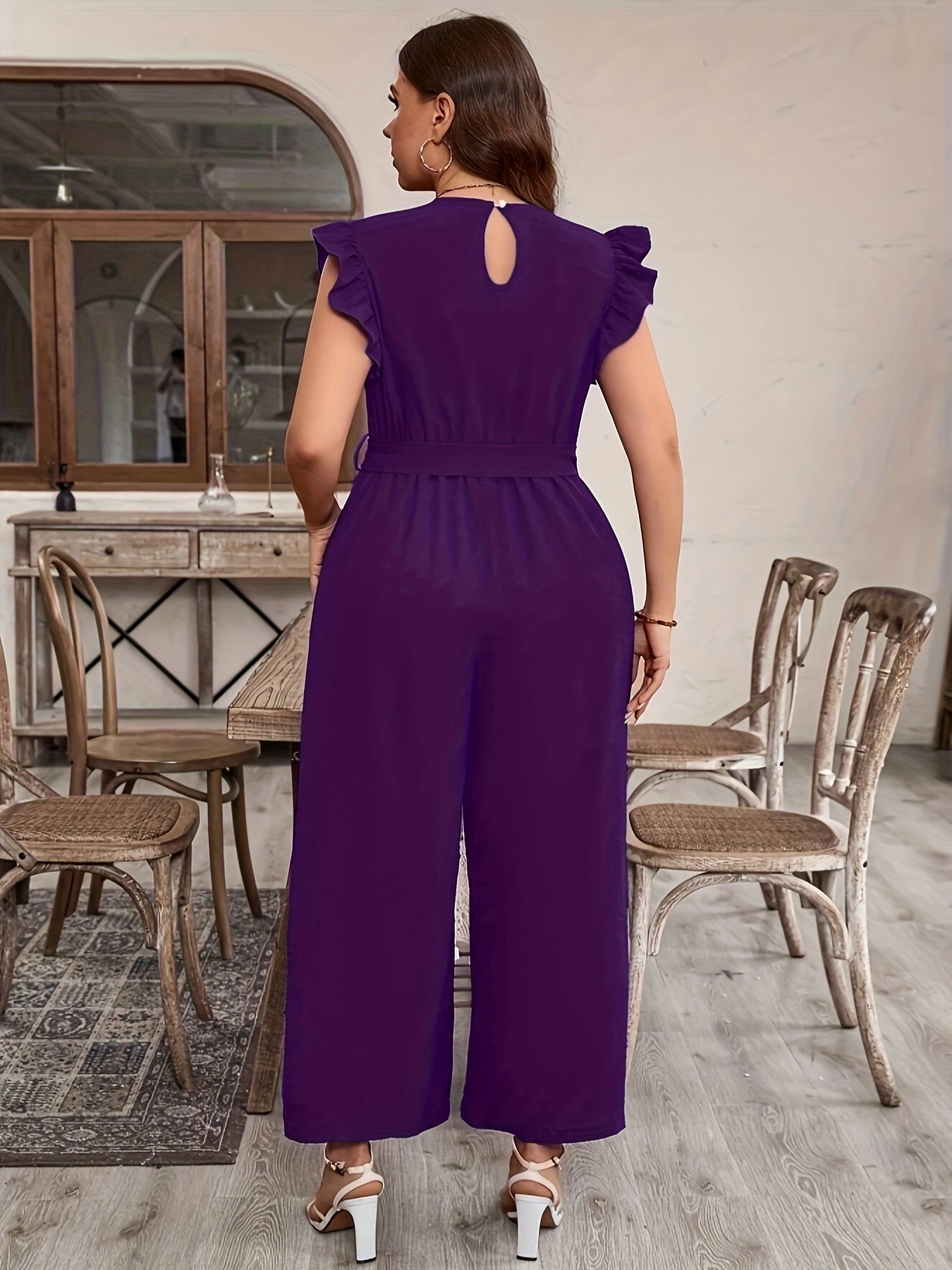 womens elegant v neck sleeve belted jumpsuit solid - Temu