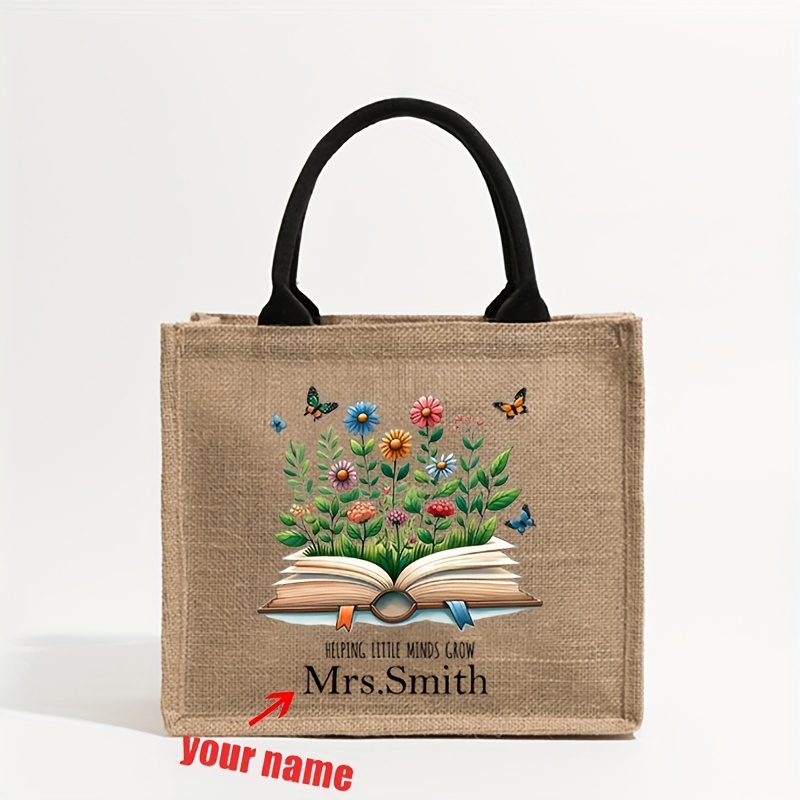 

Personalized Name Flowers In A Book Pattern Shopping Bag Personalized Beach Bag, Tote Bag For Women Teacher Appreciation Gift, Ideal Gift For Teacher, End Of Gift