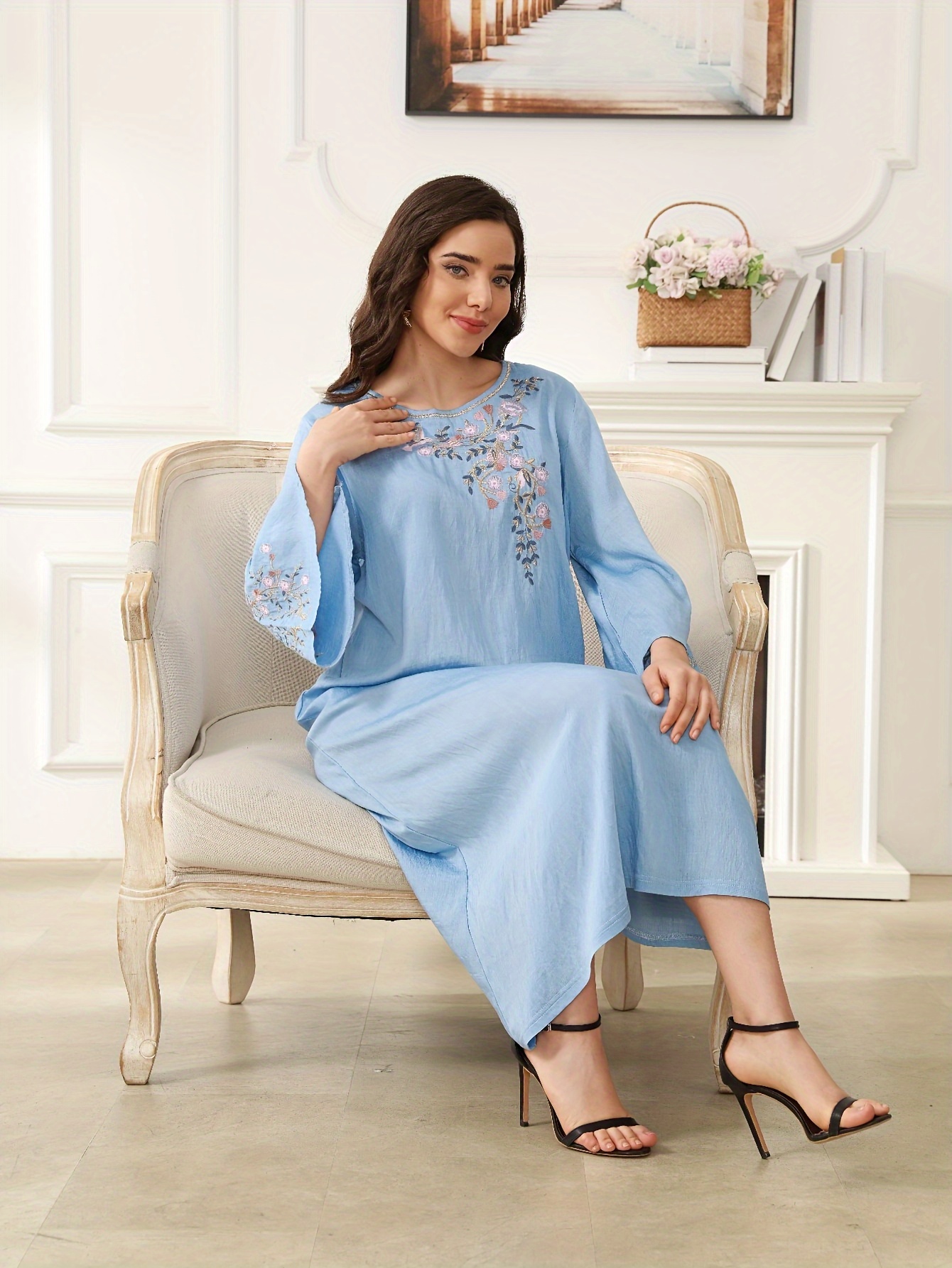 a blue dress directional floral embroidery - Temu Bahrain