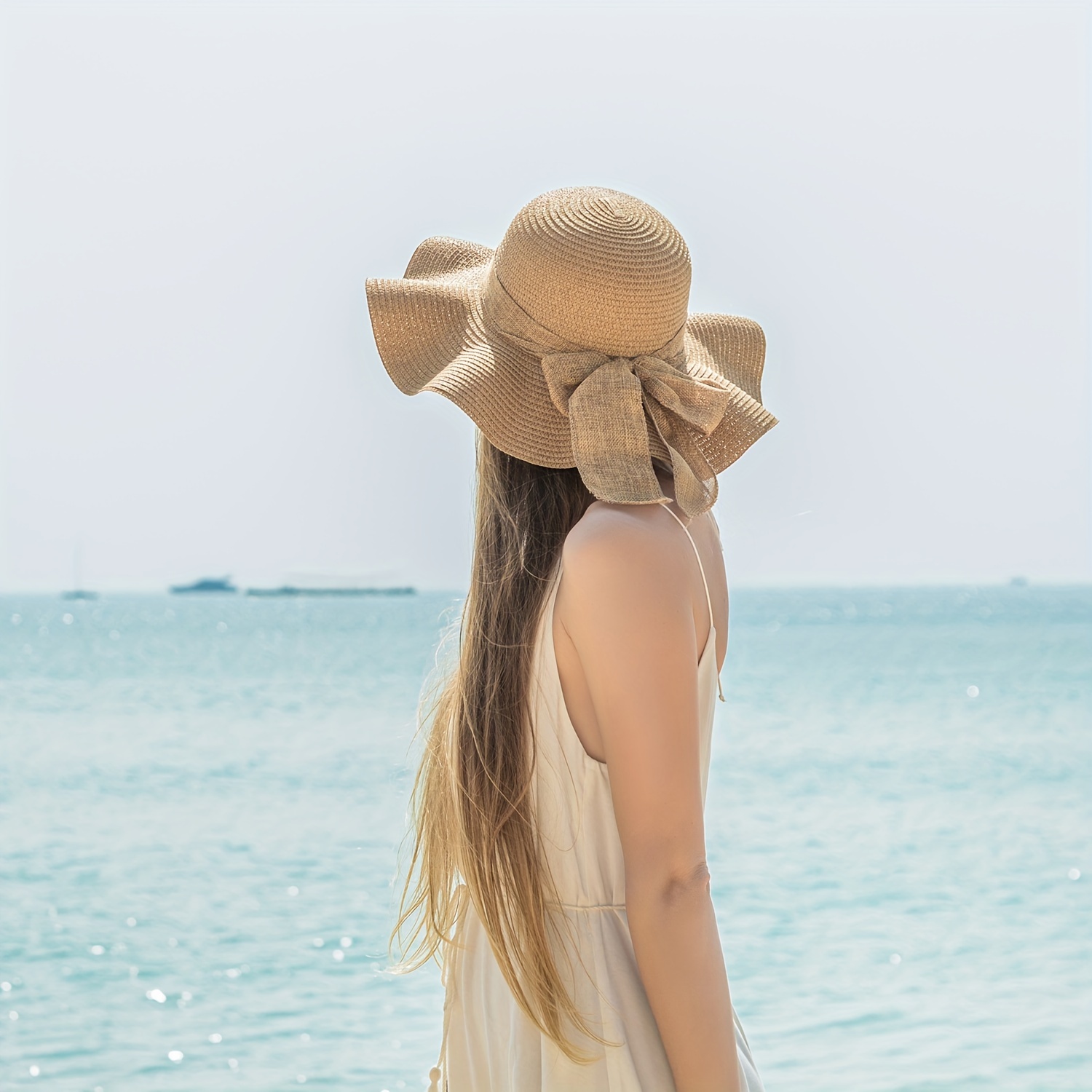 Elegant Ruffle Bowknot Straw Hat Solid Color Summer Sun Hats - Temu