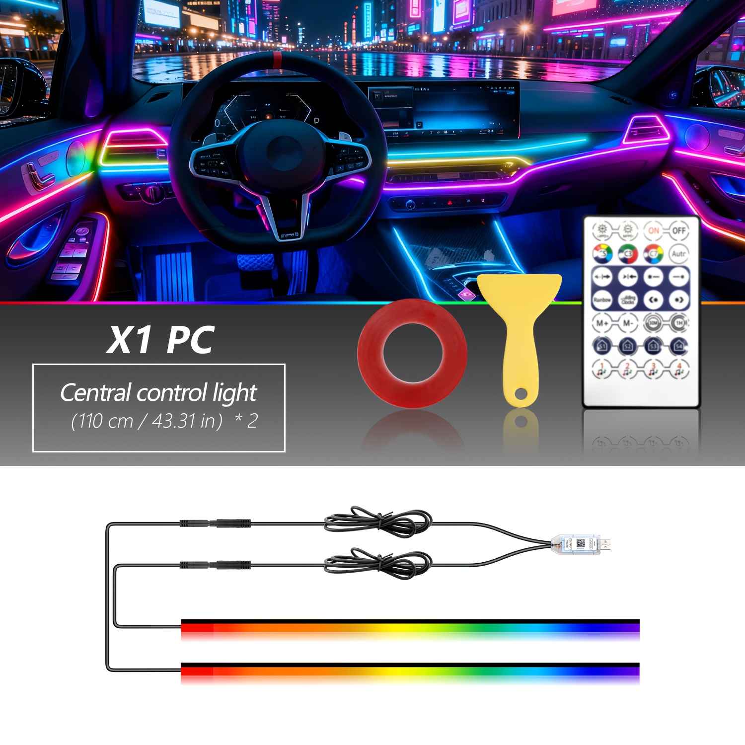 TEMU 2pcs Of 110cm Usb Powered Led Car Ambient Light Strips - Multicolor Rgb, Music-synchronized, Easy-to-install Dashboard And Console Decoration,