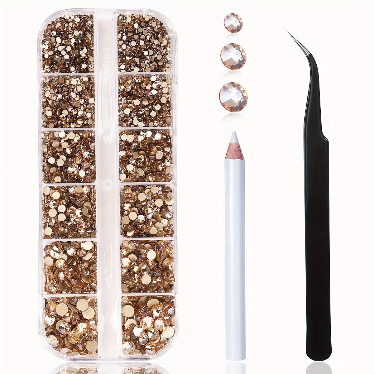 Image of 2000pcs Flatback Rhinestones Round Beads, 6 Sizes (1.5-4.8mm) Nail Art Craft Kit With Tweezers And Picker, For Manicuring Eye Makeup (golden Shade)