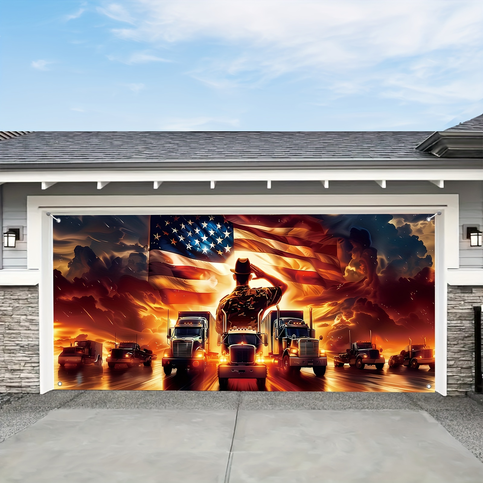 

4th Of July Patriotic Garage Door Banner - American Flag Truck Design, Red & Blue Polyester Hanging Decor For Independence Day & Memorial Day, Outdoor Background Decoration 71''x157'' - 1pc
