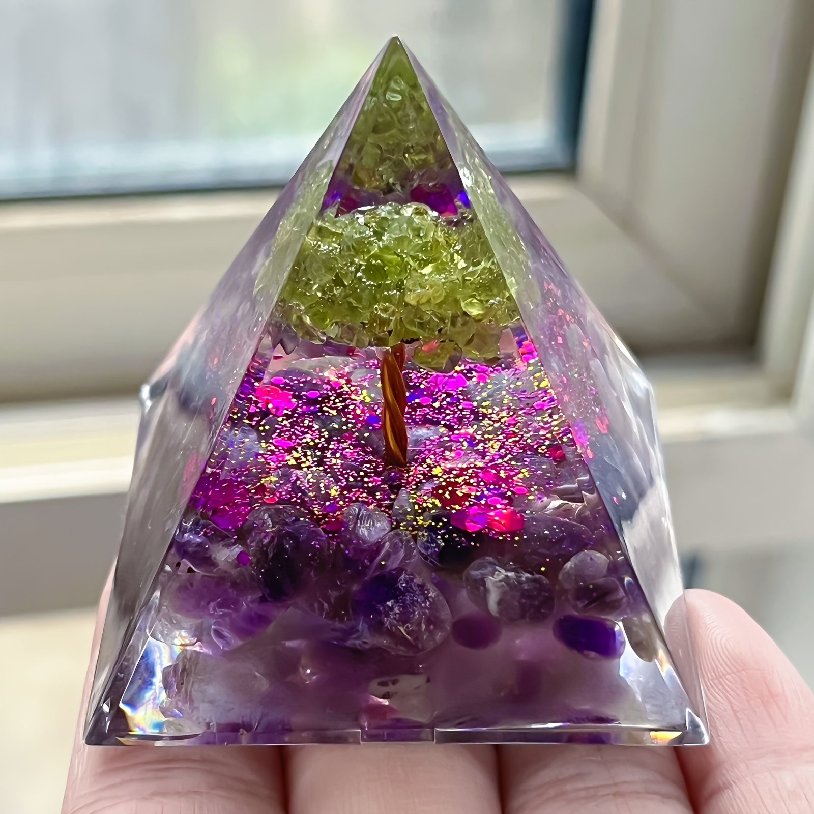 E-shop Natürliche Peridot und Amethyst Kristallstein -Pyramide, Lila Baum des Lebens Pyramide