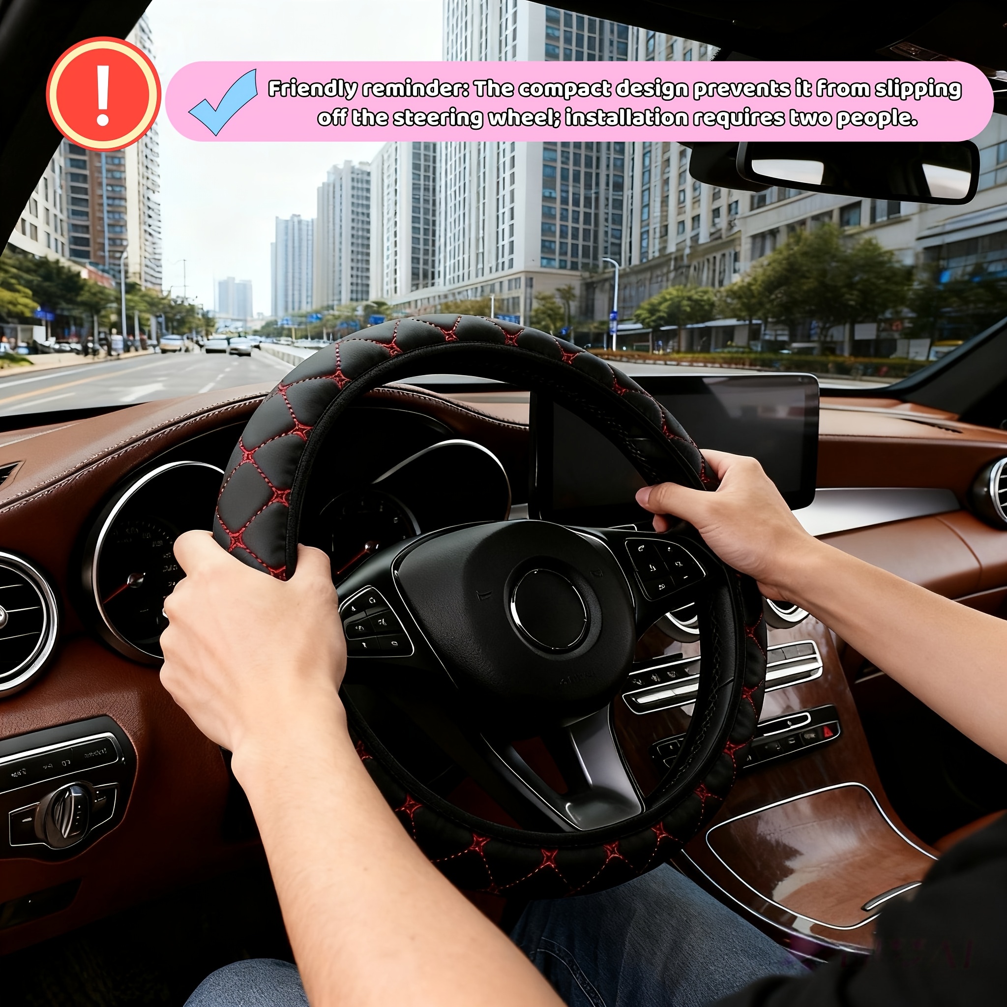 Funda de Volante en Cuero PU, Sin Anillo Interior para Fácil Instalación, Textura Clásica de Estrella de Cuatro Puntas y Rombos, Compatible con Volantes Tipo O y D de 38 cm/15" para Sedán y SUV - Imagen 3