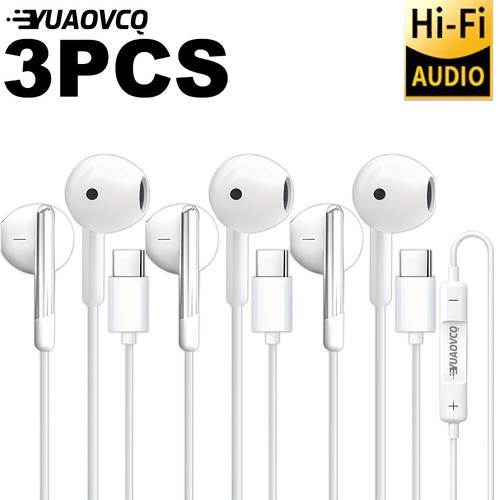 yuaovcq earphones 3pcs wired in ear headphones type c port high resolution with hd microphone for calls universal earbuds volume control for iphone 16 15 ipad samsung xiaomi vivo oppo oneplus