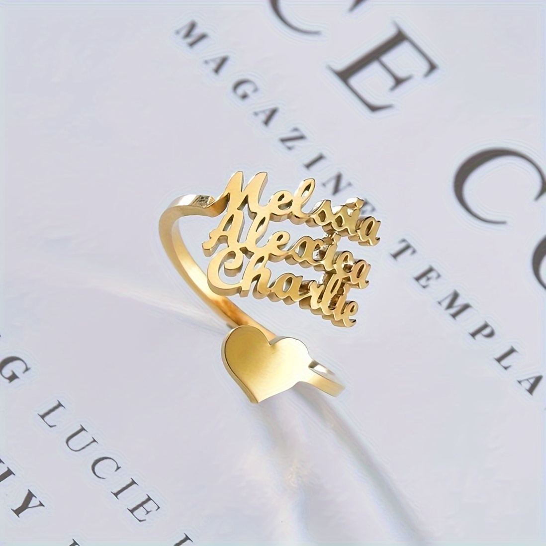 Personalized Heart Name Ring Stainless Steel Adjustable Open Ring