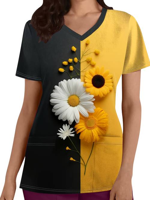 womens sunflower daisy print v neck t shirt soft breathable fabric with functional pockets elegant short sleeve top for healthcare professionals machine washable uniform for institutions professional scrubs pullover shirt staff