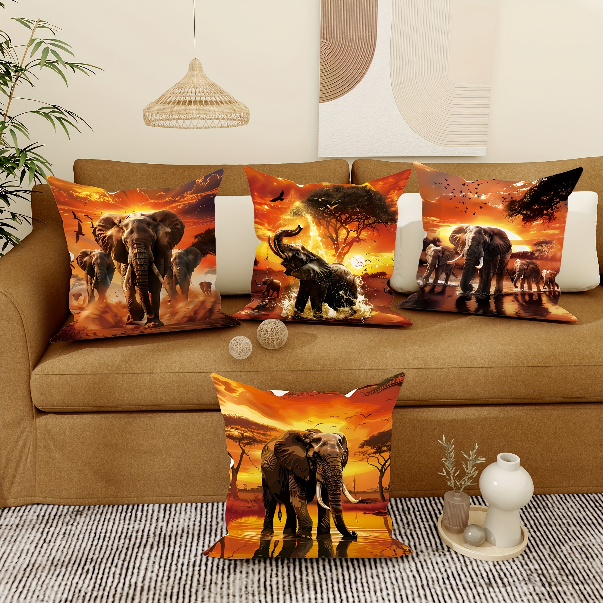 

Set Of 4 African Elephant & Sunset Design Throw Pillow Covers - Soft Polyester, Zip Closure, Machine Washable - Perfect For Living Room & Bedroom Decor