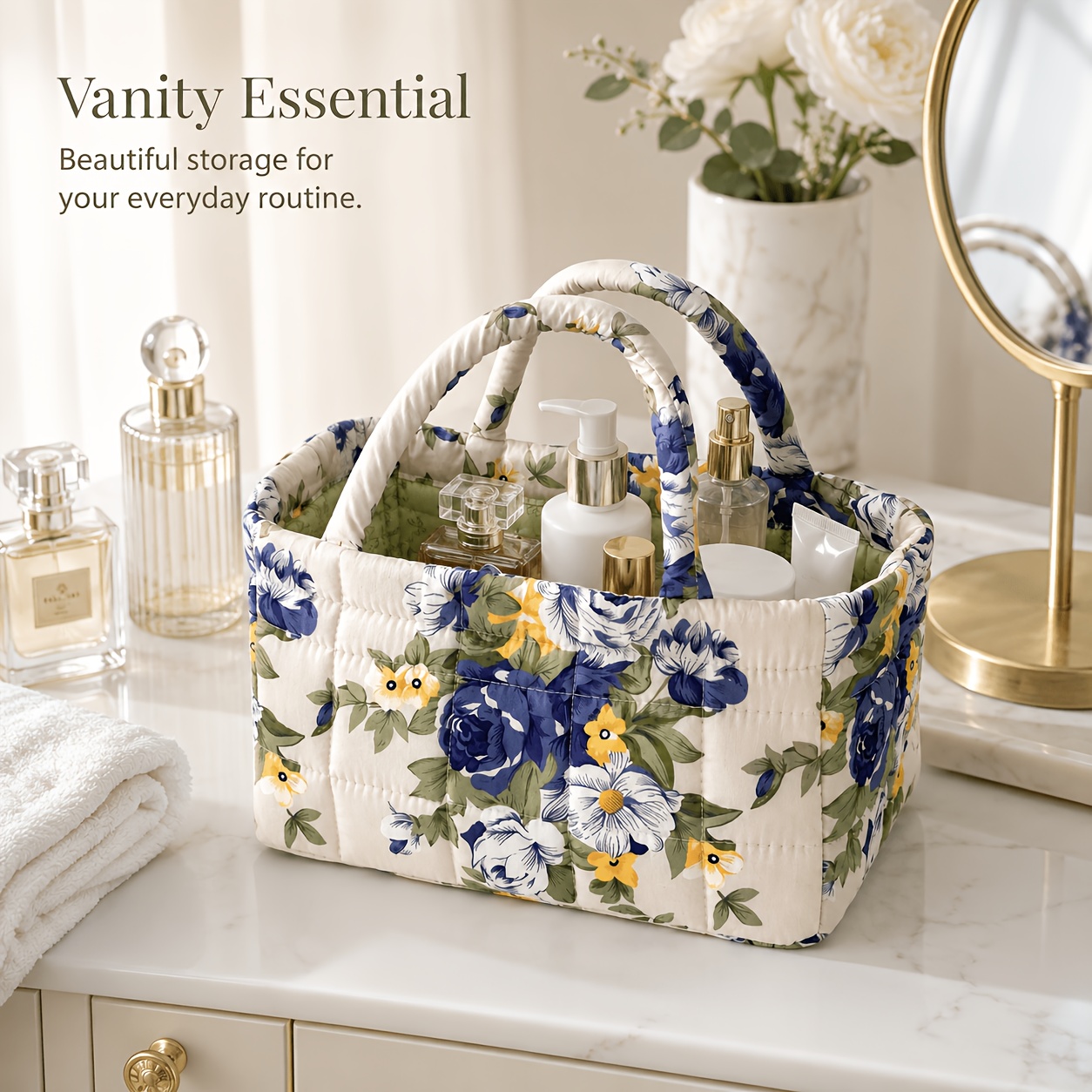 TEMU Small Bouquet Storage Basket, Quilted Fabric Basket With Handles, Cute Decorative Basket For Cosmetics, Toiletries, Office Supplies, And Home