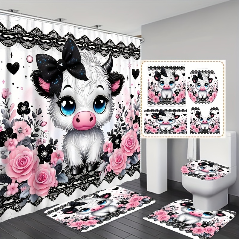 

Machine Washable Polyester Shower Curtain Set With Animal Print - Black Bow Cow Design, 4 Piece Bathroom Set With Toilet Cover, Mat, Rug & 12 Hooks - Cattle Theme, Woven Fabric, Washable & Durable