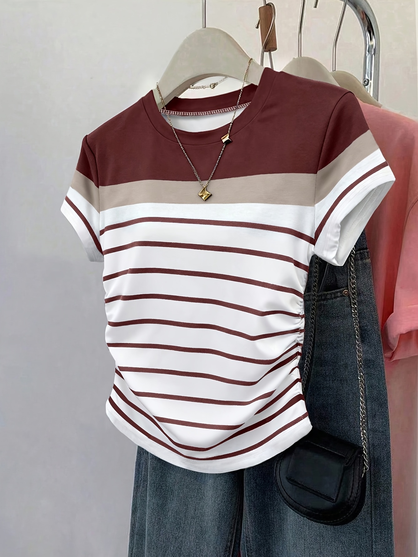 t-shirt court rayé pour femmes,   été, motif numérique, rayures multicolores,   à  , vêtements dextérieur, t-shirt taille   à taille froncée 0