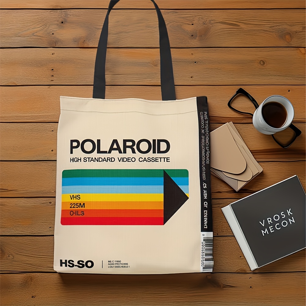 TEMU 1 Stück Retro VHS Polaroid Muster Tragetasche - Robuste Wiederverwendbare Einkaufstasche, Großes Fassungsvermögen, Leichtes Faltbares Design,