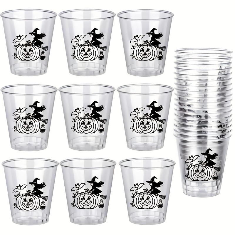 TEMU 25pcs Halloween Plastic Shot Cups Whiskey Party Favor Glasses 1.69oz/ 50ml Reusable Clear Black Pumpkin Drinking For Decoration
