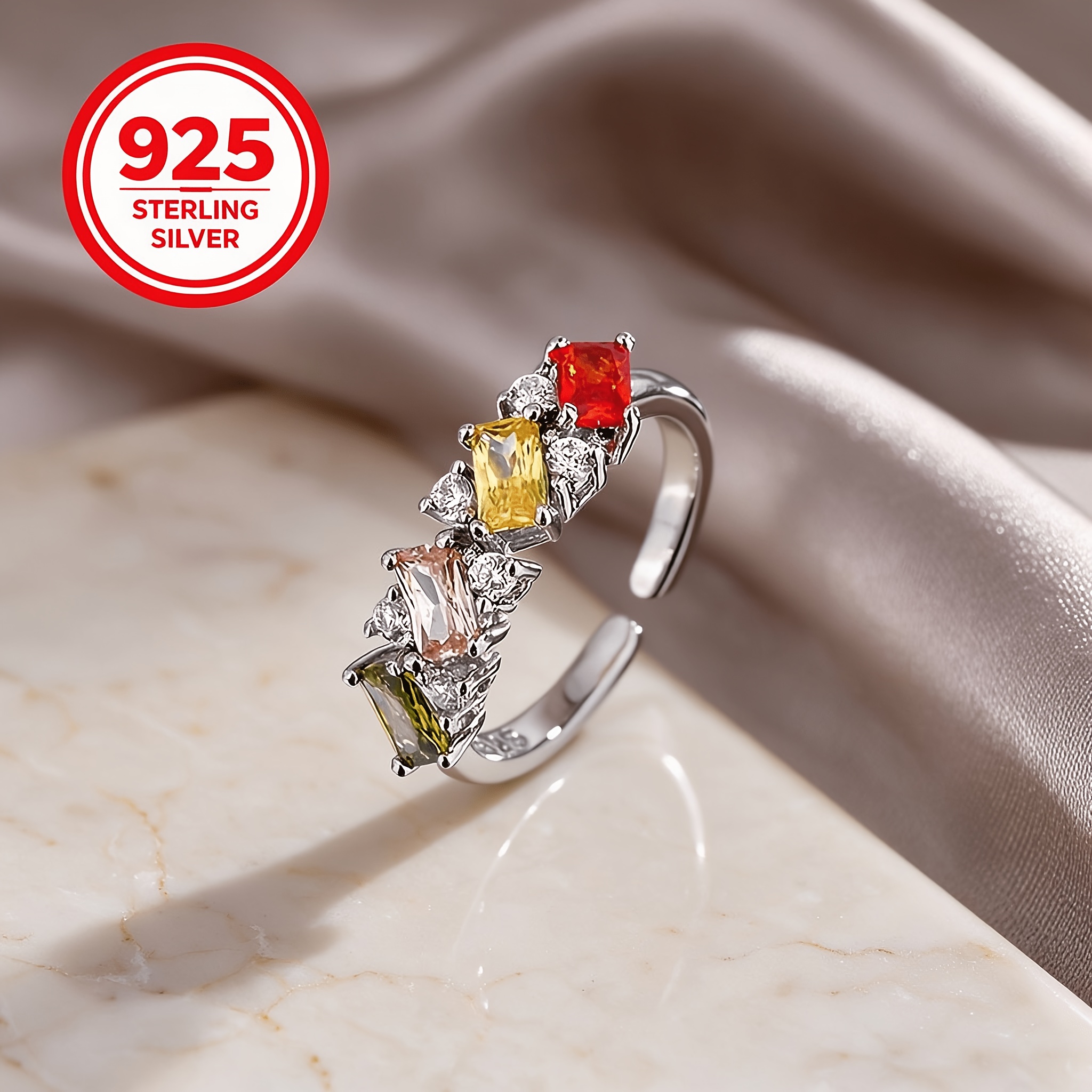 Women's 925 Silver Adjustable Colorful Square Ring
