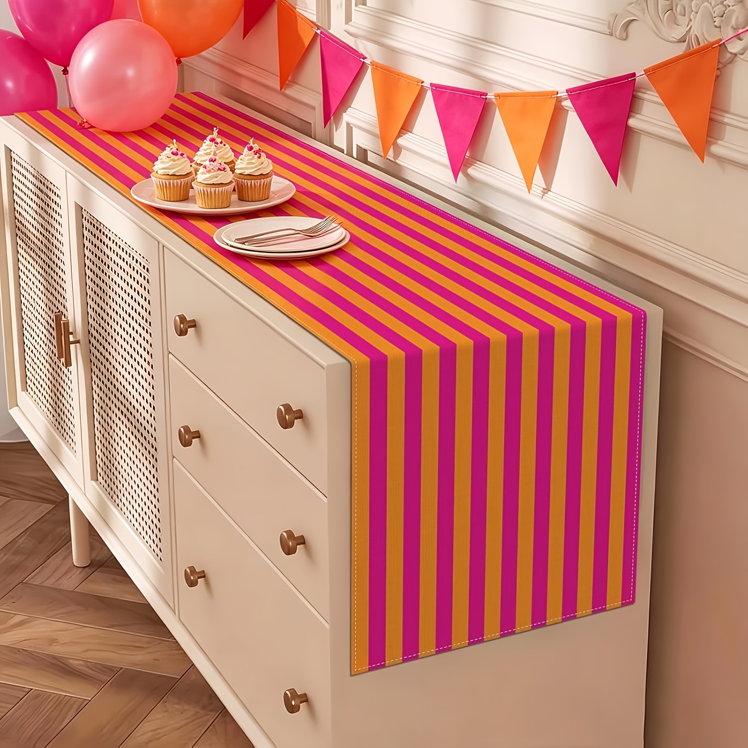 TEMU 1pc, Hot Pink And Orange Stripe Table Runner Sunset Wedding Birthday Party Decoration Bridal Shower Home Kitchen Dining Room Table Decor