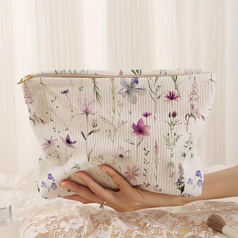 TEMU Floral Print Corduroy Zippered Cosmetic Bag With Lining, Polyester Multifunctional Toiletry Pouch, Portable Vanity Organizer Unscented