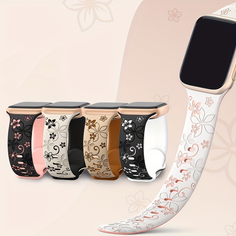 

Floral Engraved Band For Apple Watch Bands 46mm 40mm 41mm 38mm 44mm 45mm 42mm 49mm Women, Cute 2 Tone Silicone Sport Strap For Iwatch Series 10 6 5 4 3 2 1 Se Compatible Ultra 1/ 2