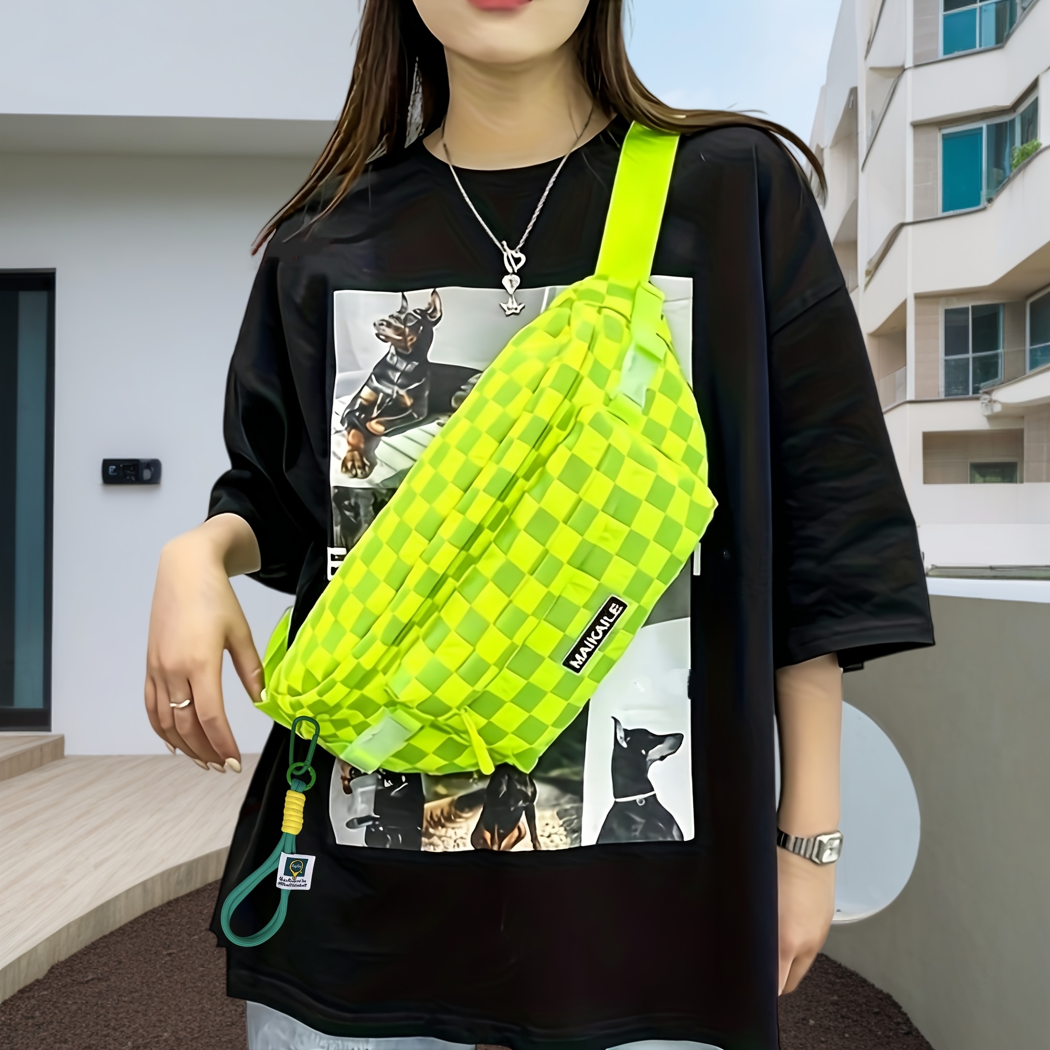 E-shop Damen Color-Block Karo Raffung Brusttasche, Lässige Umhängetasche Hüfttasche, Multi-Pocket Pendler Vielseitiger Stil Freier Charme Inklusive