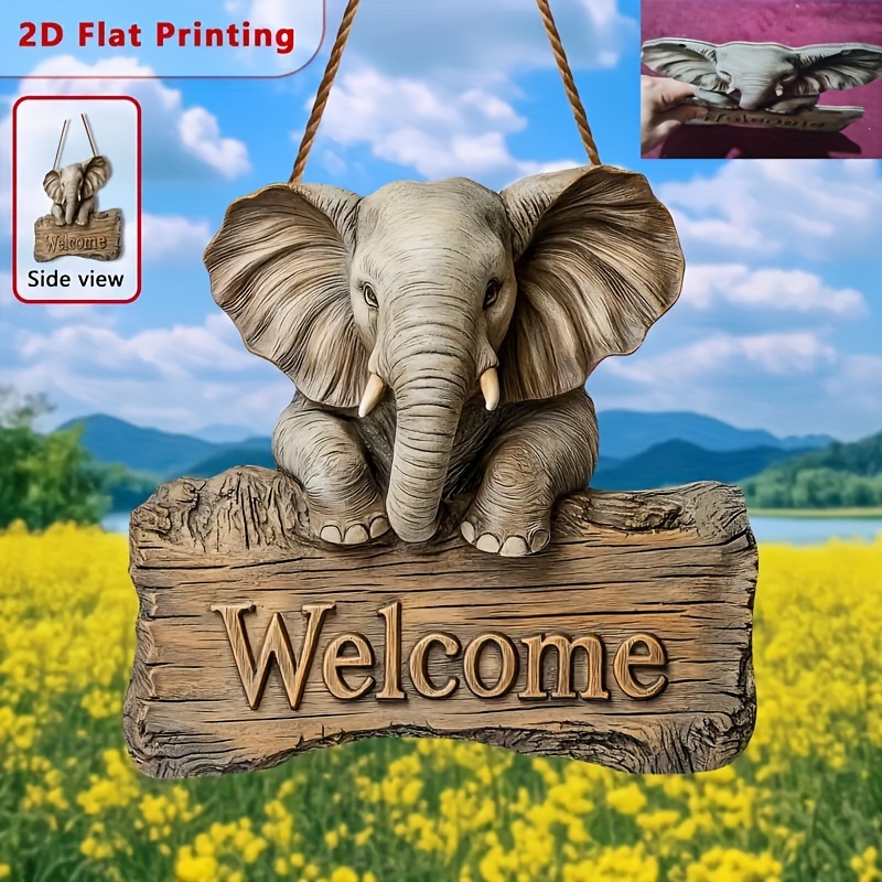 TEMU 2d Flat, 2d Flat Print, 1pc Elephant Welcome Sign - 9.84" X 9.52", Outdoor Hanging Decor & Wall Art, Wooden Elephant Plaque, Home And Garden
