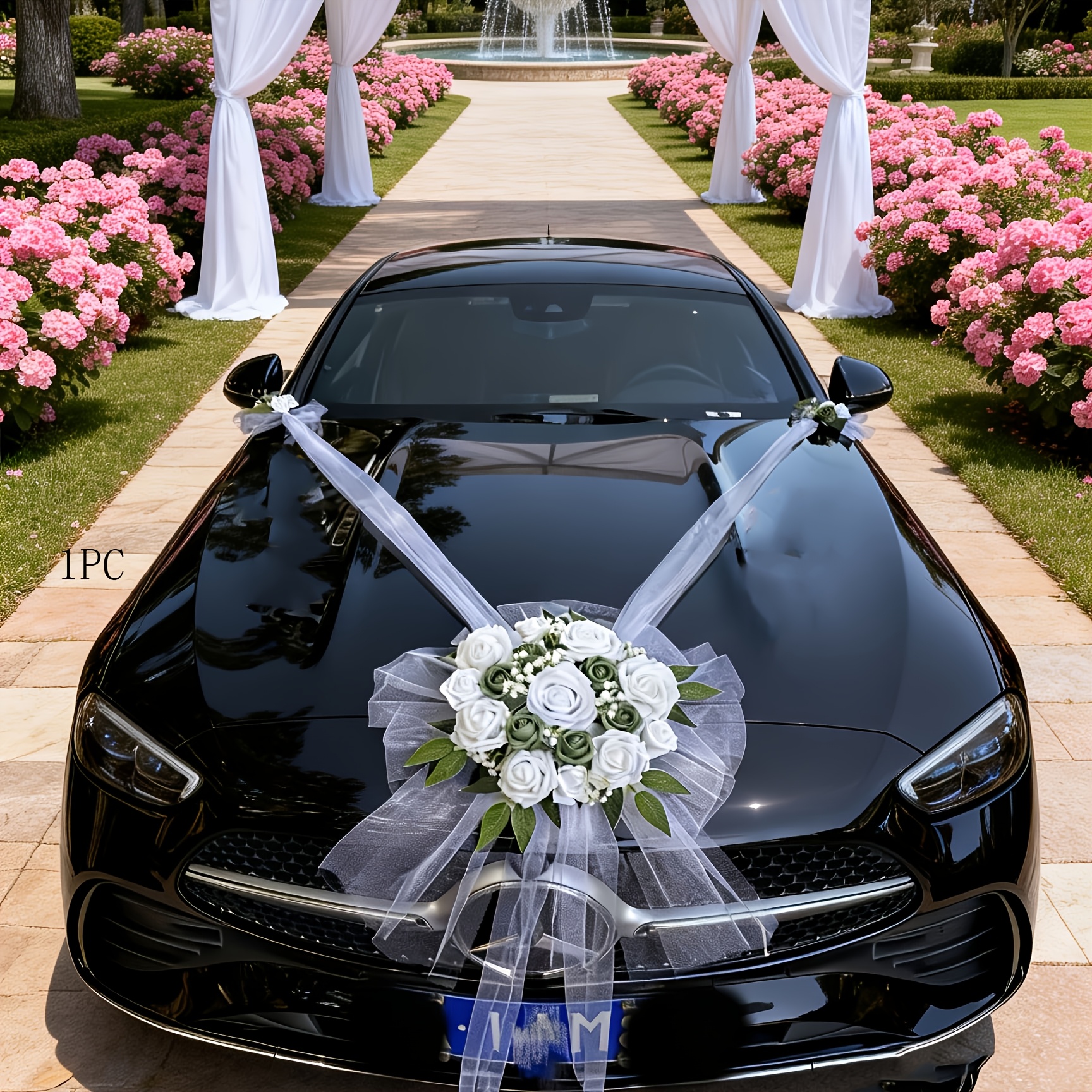 Image of New Wedding Car Head Decoration Flower Set Main Wedding Car Floral Arrangement White Green Artificial Flowers Wedding Supplies Car Team Pull Flowers Wedding Welcome Full Additions