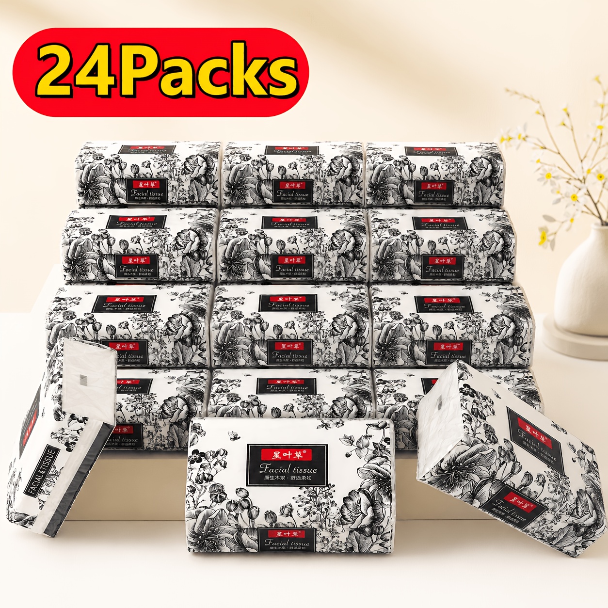 TEMU 24 Packs Native Wood 4-layer Thick Facial Tissue Paper, Tissue, Suitable For Home, Restaurant, Restaurant, Travel And Car Use, Facial Tissues,