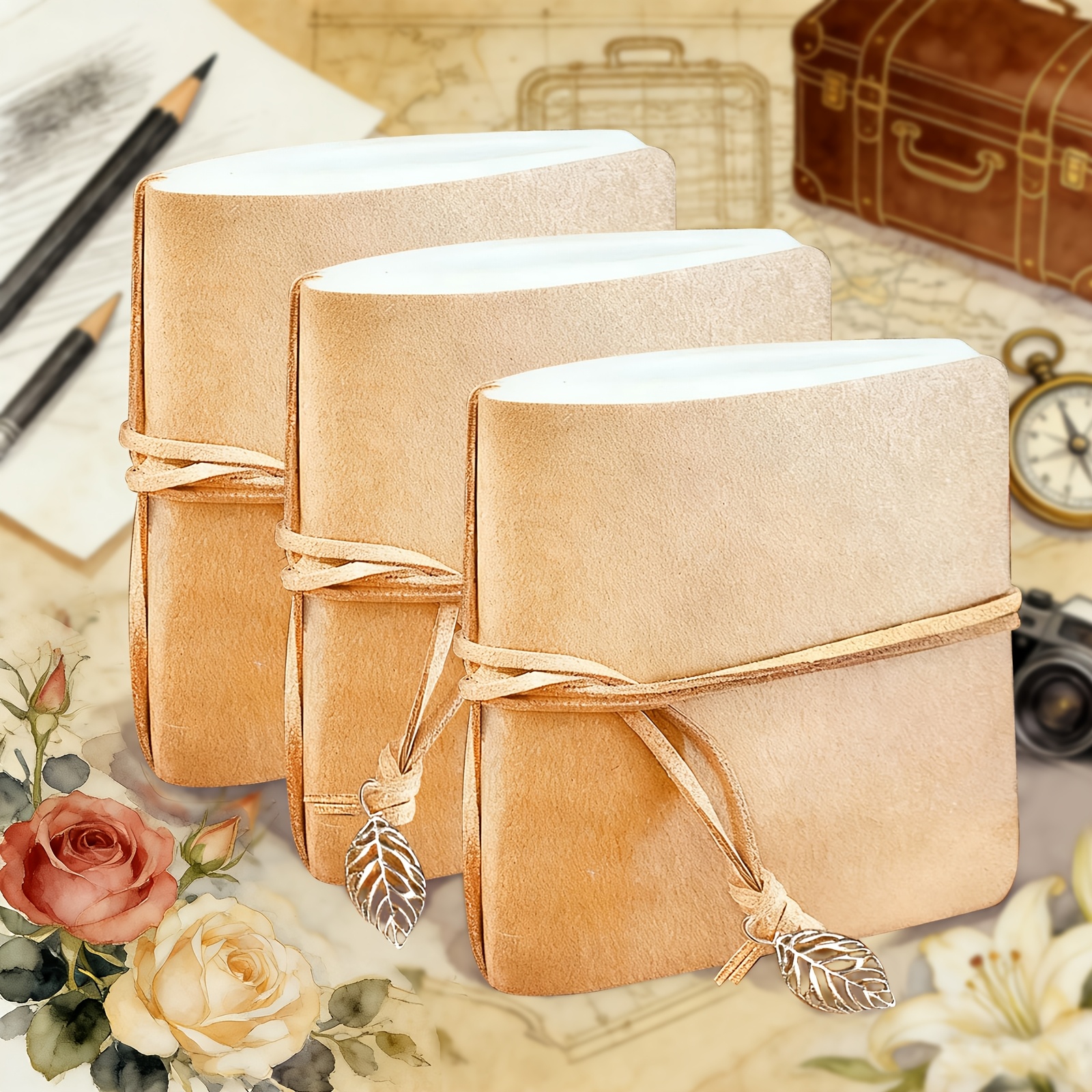TEMU 3pcs Portable Pocket Notebook With Cover & Leaf Bookmark - Blank Page Diary Journal, Travel Sketchbook, Compact Art Diary Suitable For School,