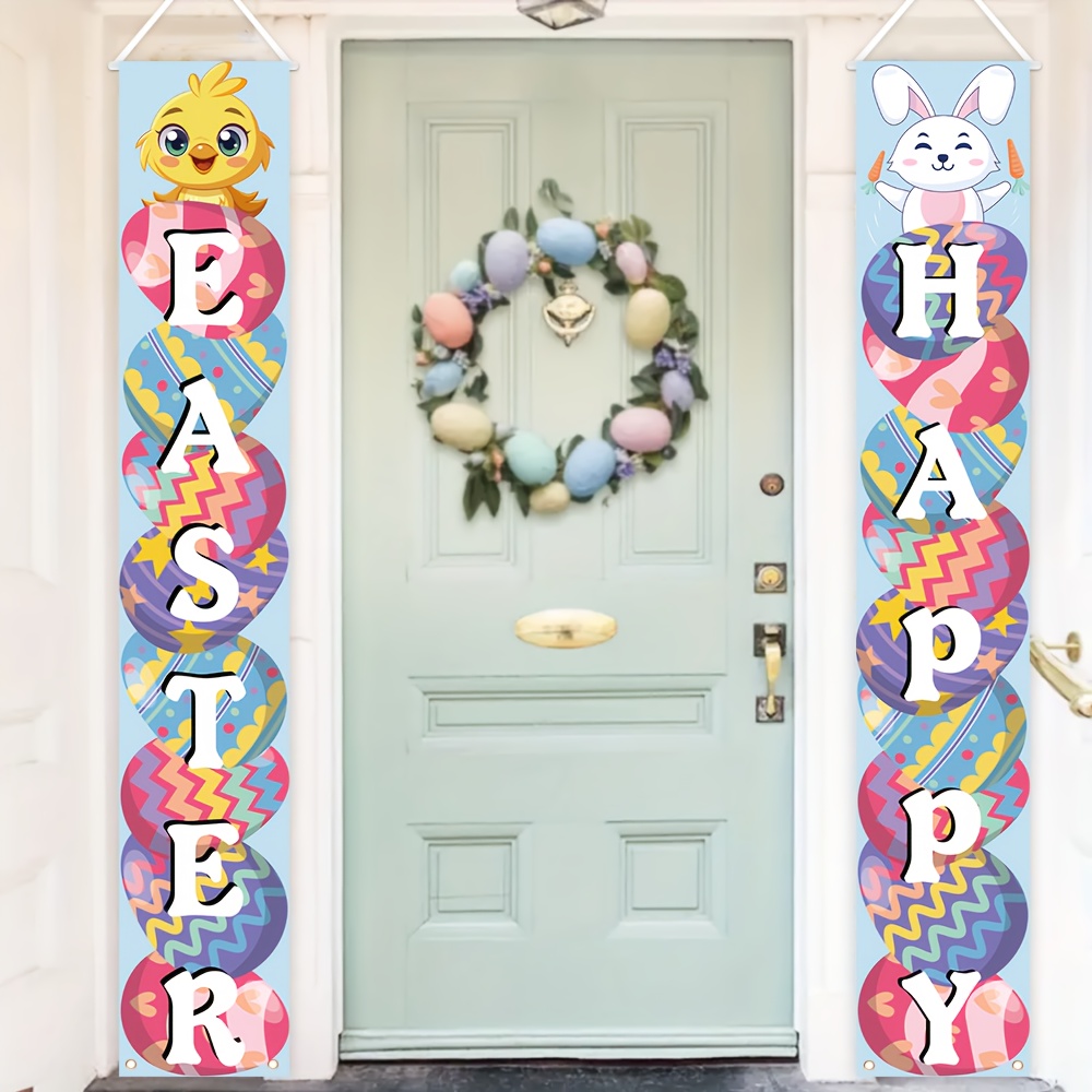 

1 Pair Of Vibrant Easter Porch Banners - " X 11.9" Polyester "" & Egg Design Flags, Indoor/outdoor Use, Easy To Hang With Egg & Bunny Accents