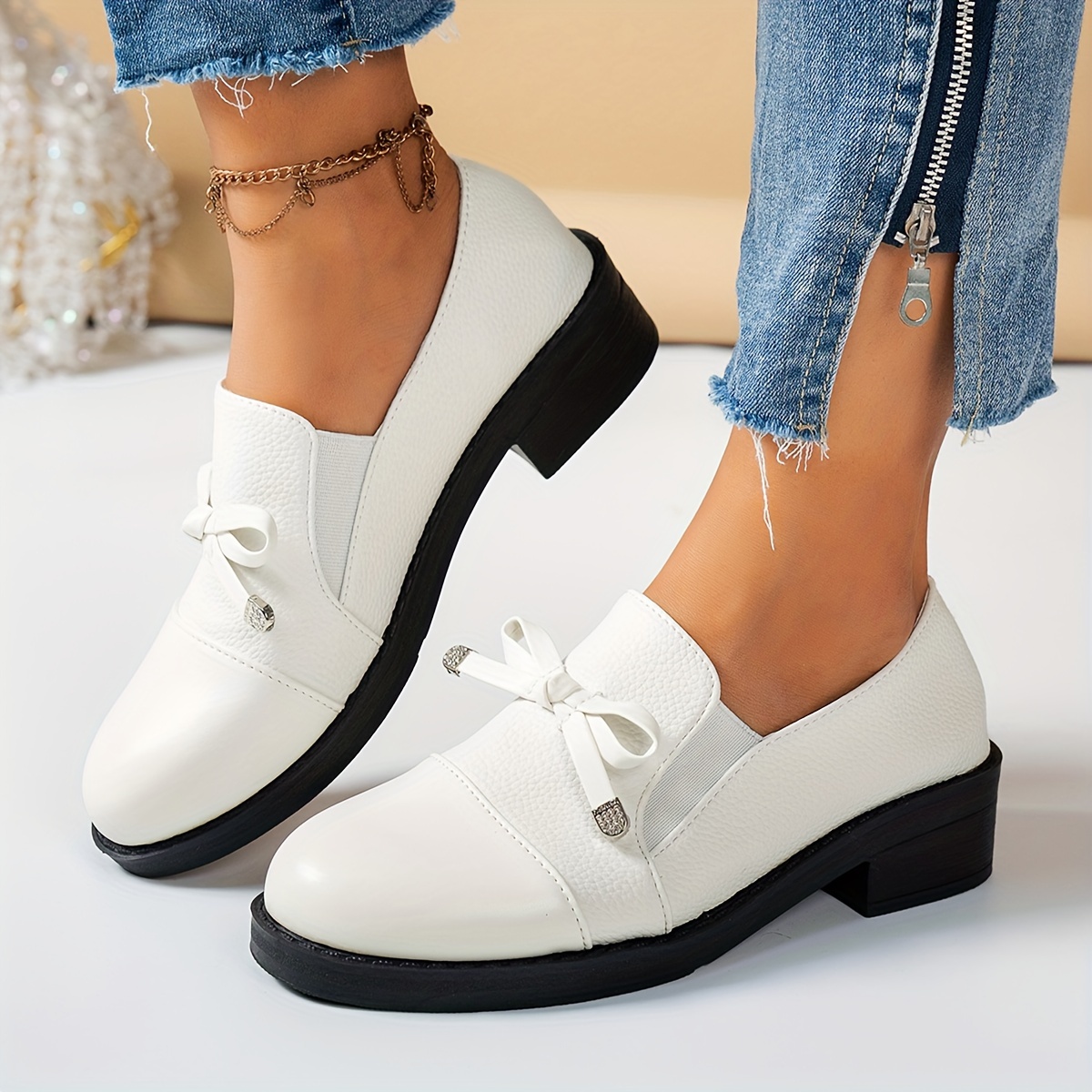 1 pair womens classic penny loafers comfortable slip on   shoes with rubber sole fabric lining and insole   upper round toe solid color bowknot detail for   details 0