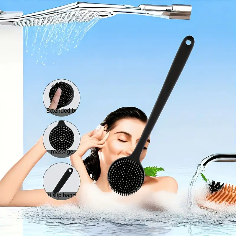1pc ergonomic silicone bath brush with soft bristles & long handle - gentle back scrubber for 31pcs hard-to-reach areas, durable shower brush for exfoliating & cleansing, no battery needed, back scrubber for shower, personal care tool. Product details 3
