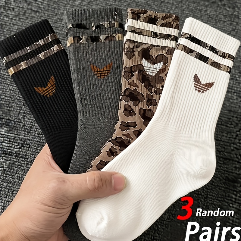 TEMU 3 Pairs Random Women's Leopard Striped Mid-calf Socks, Fashionable Classic Comfortable Soft Breathable, Versatile For Daily Wear