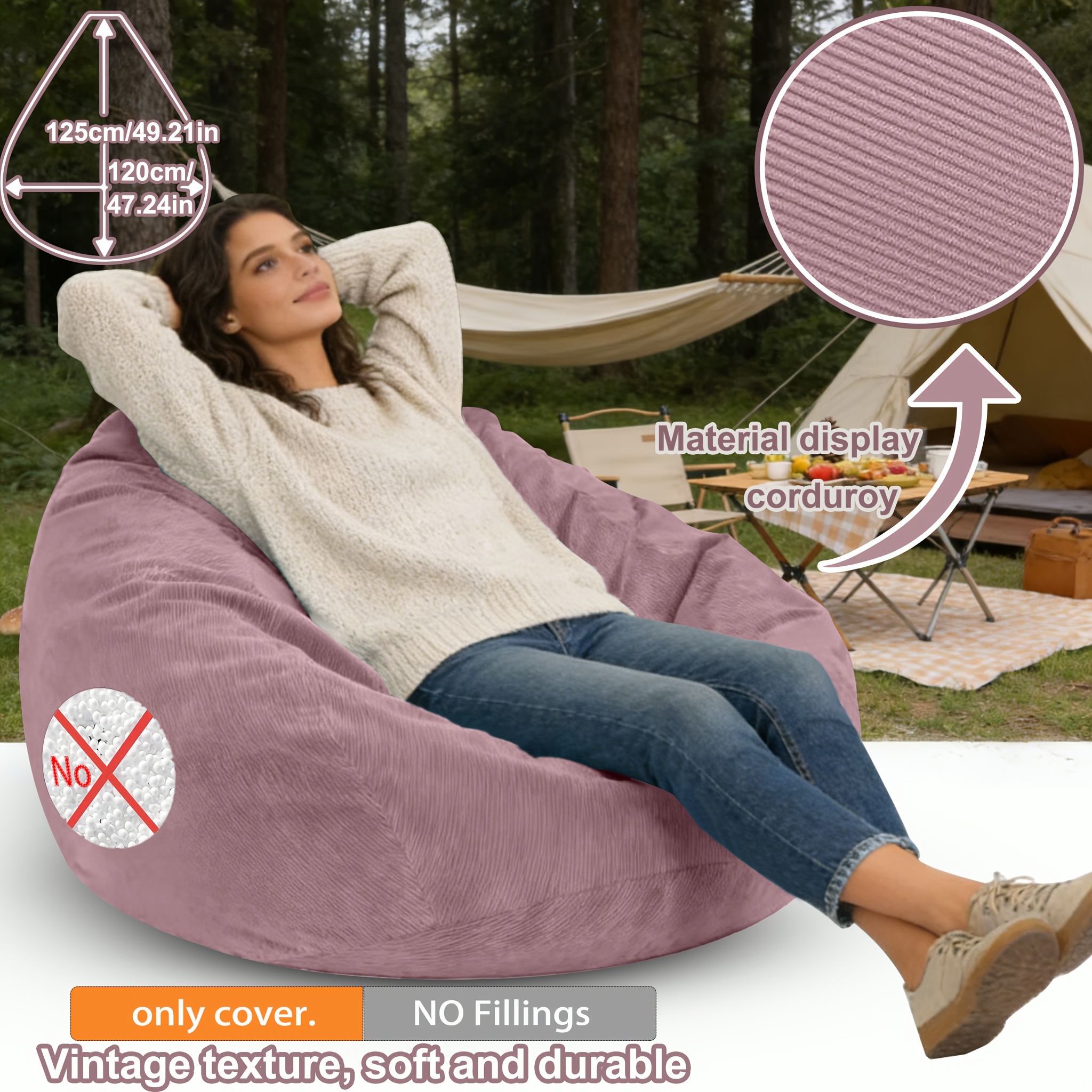 E-shop [Stuhlbezug] Cord-Sitzsackbezug, Sitzsack-Sofabezug, DIY-Füllung. Reißverschluss, abnehmbarer Bezug, verbessertes Cord, Retro-Cord,