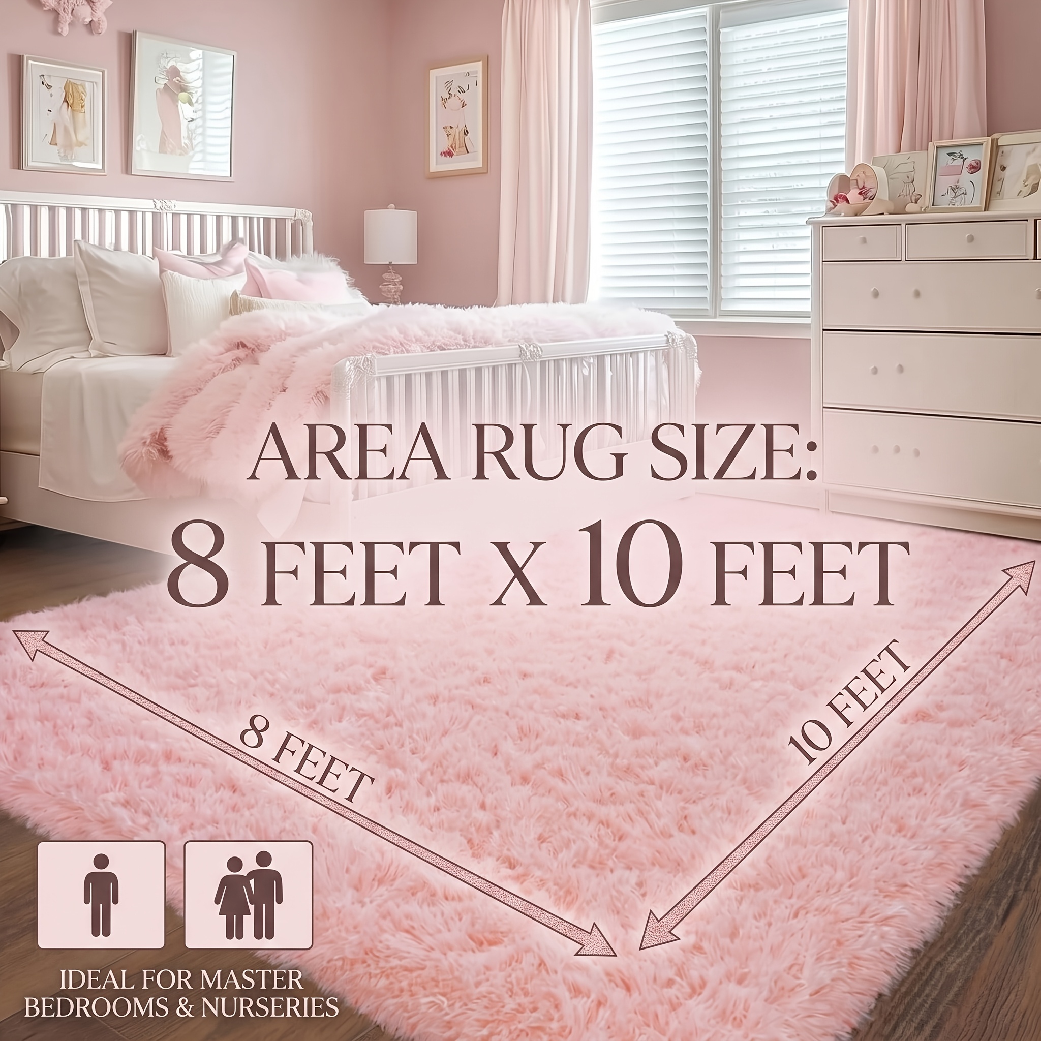 Alfombra Shag de 8X10 FT, Alfombra de felpa  , Tapete de suelo rosa   antideslizante para  , dormitorio, 245X305Cm