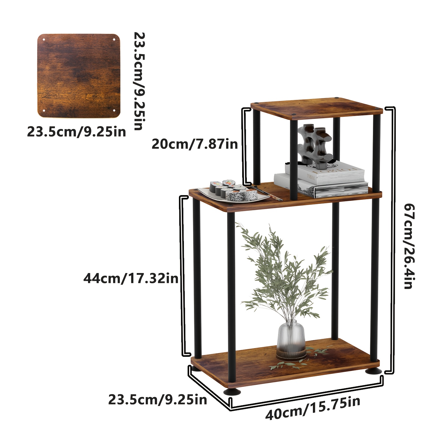 E-shop 26 Zoll hoher 3-stöckiger Beistelltisch aus Eisen & Holz mit Ablagefach - Rustikaler Bauernhausstil, Kaffee-Farbe, Robuster Metallrahmen &