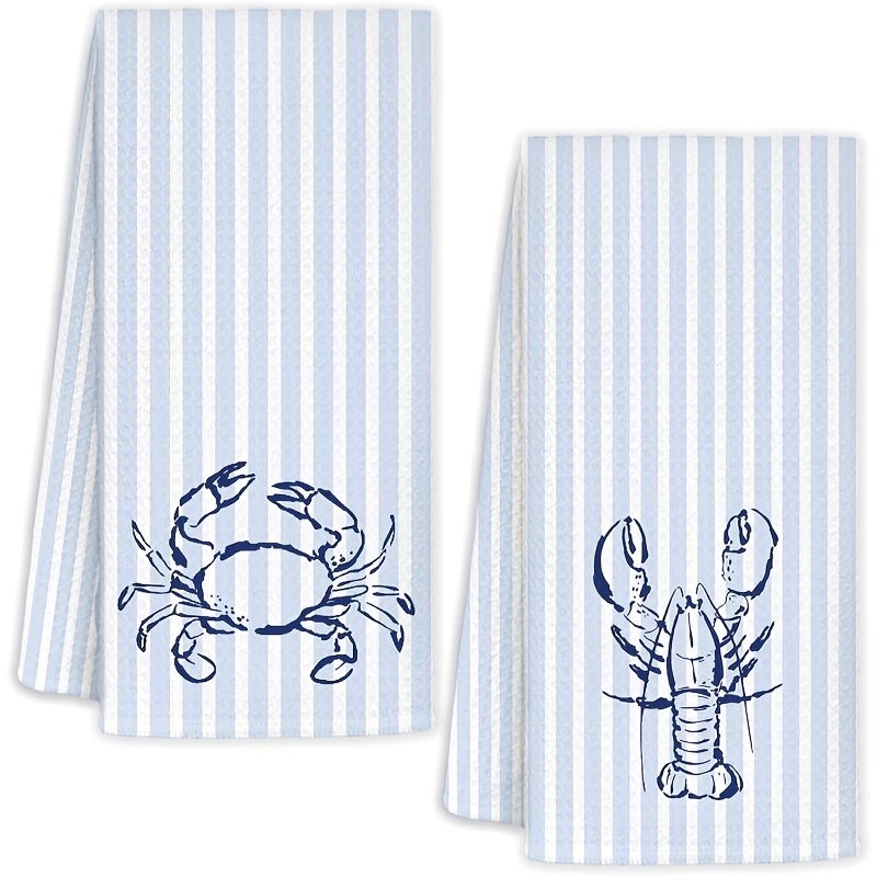 TEMU Paño de limpieza 2 piezas, toalla de cocina, 2 piezas de toalla de 18*26 pulgadas con rayas náuticas costeras de playa de azul | Tema de dibujos
