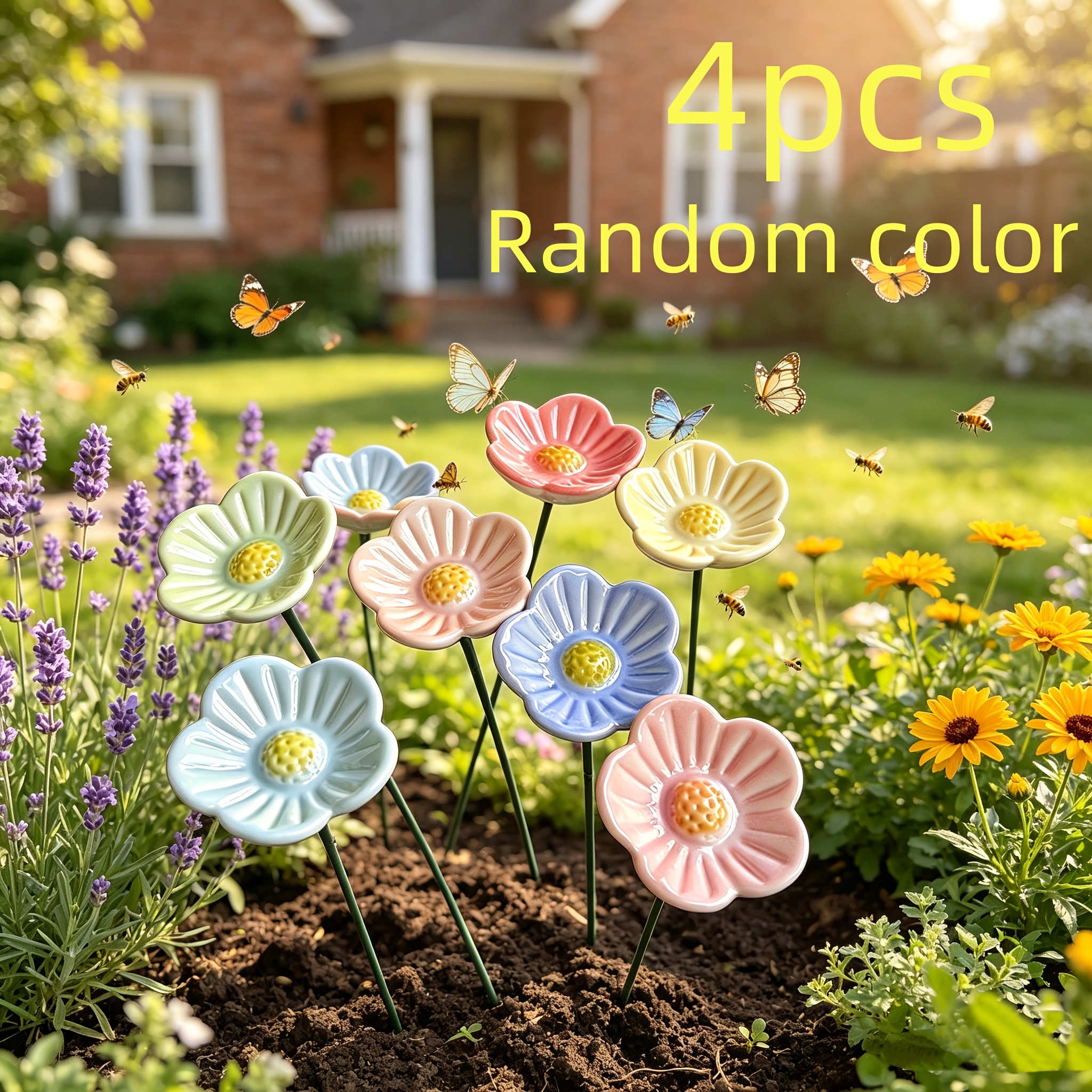 TEMU 4pcs Set Of Ceramic Feeders In Random Colors, Including A Bee Sugar Feeder And A Water Feeder. Handcrafted Ceramic Feeding Dishes, Suitable For