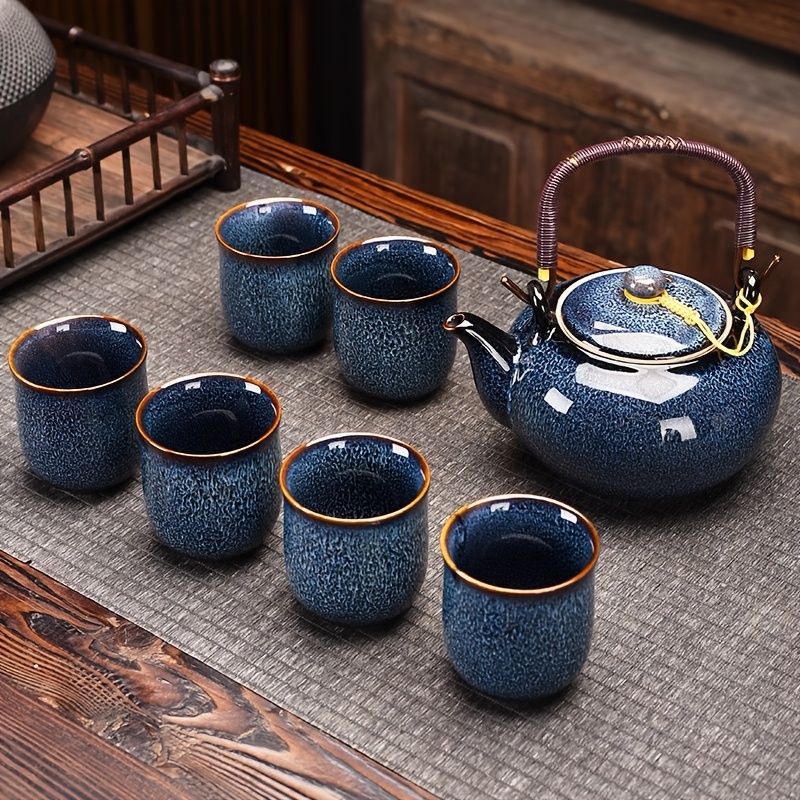 Image of Japanese Tea Set For 6, Kiln Glaze Porcelain Tea Set With 1 Teapot, 1 Filter Screen 6 Tea Cups & Unique Chinese Tea Sets For Adults/ /women/men, Dark Blue