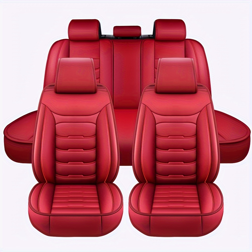 TEMU Red Sporty 5 Seat Full Set Car Seat Covers Waterproof Automotive Leather Seat Cover For 5 Car, Waterproof Front And Back Back Cushion Protector Universal Fit Most Cars Truck Suv