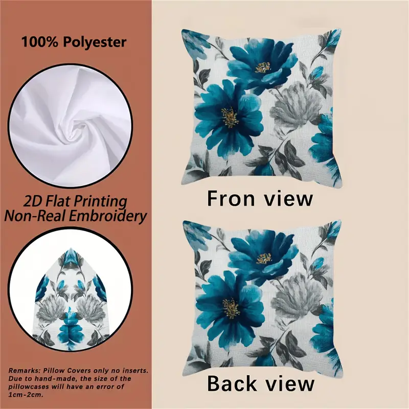 2d flat printing, 4pcs teal throw pillow covers, double-sided design, polyester, non-real embroidery, zipper, machine washable, contemporary style for sofa, bedroom, car, office decor - inserts not included, pillow for living room, beautiful modern cushion covers, bed pillows decor, sofa accessories, bedroom accents, floral pattern, durable fabric, covers, decorative pillows, interior designers, , 2d flat Product details 0