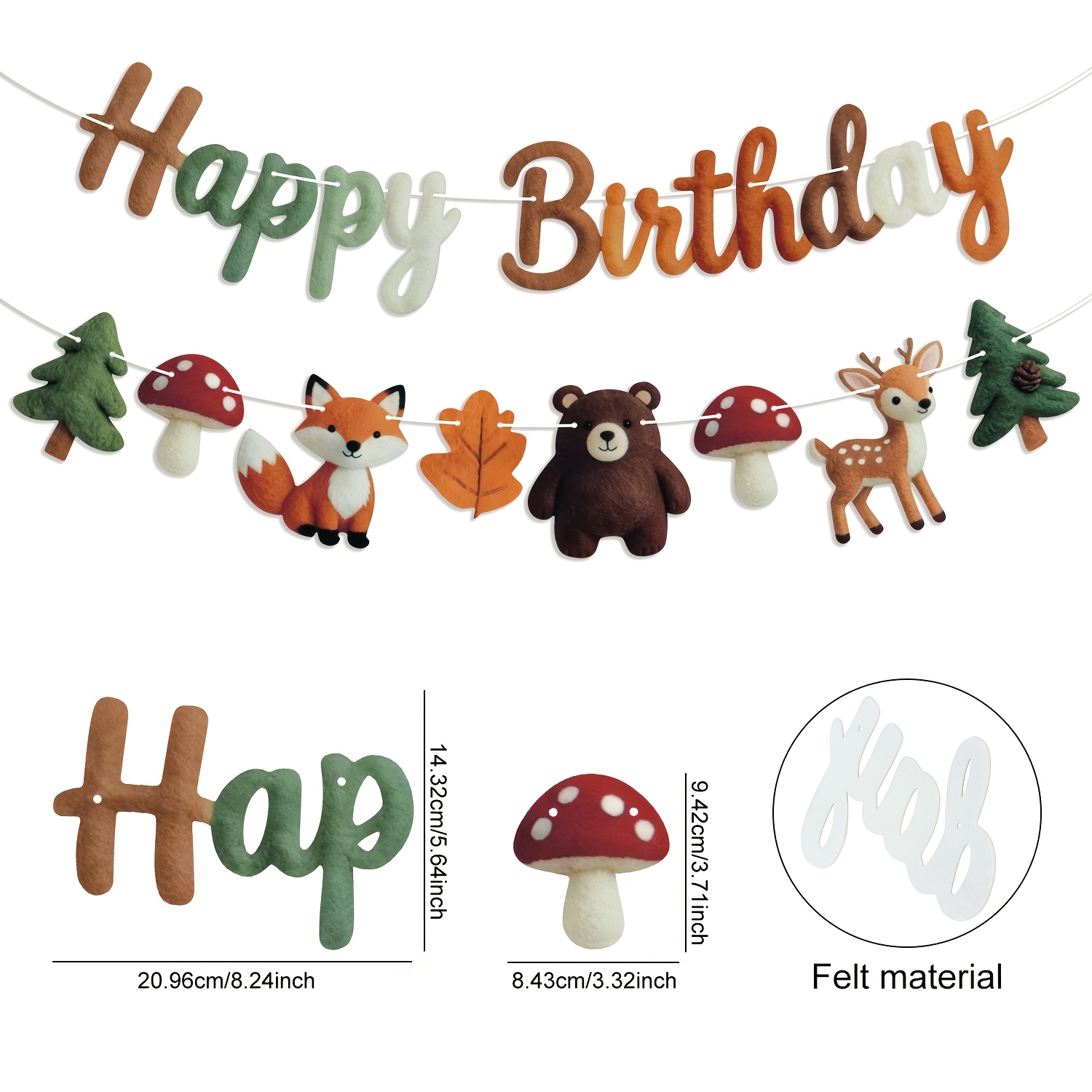 TEMU Guirlande 2D Plate Joyeux Anniversaire en Feutre avec Animaux des Bois, Renard, Ours, Cerf, et Découpés, Bannière Suspendue, Fournitures de
