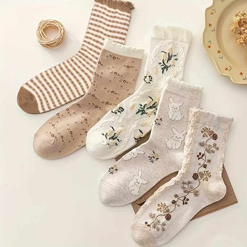 

5 Paires De Chaussettes À Motif Floral, Chaussettes Mi-tube Rétro Et Confortables, Bas Et Lingerie Pour Femmes