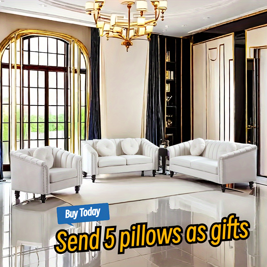 

3pcs Set With 5 Pillows - Elegant, For Living Room, Bedroom, Office - Comfortable Wooden Frame, Sizes , Couch For Living Room