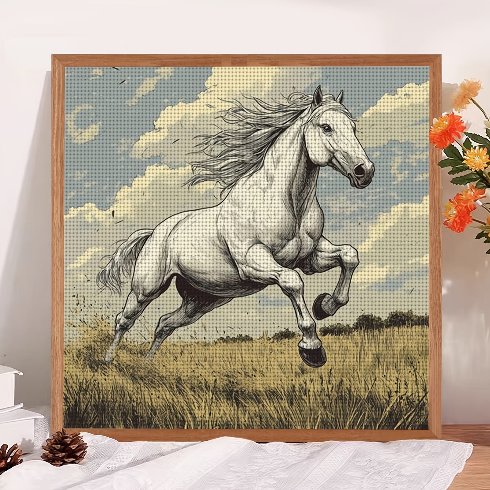 DIY Cross-Stitch Printed Kit, Unframed, "White Horse Galloping on Meadow" Pattern
