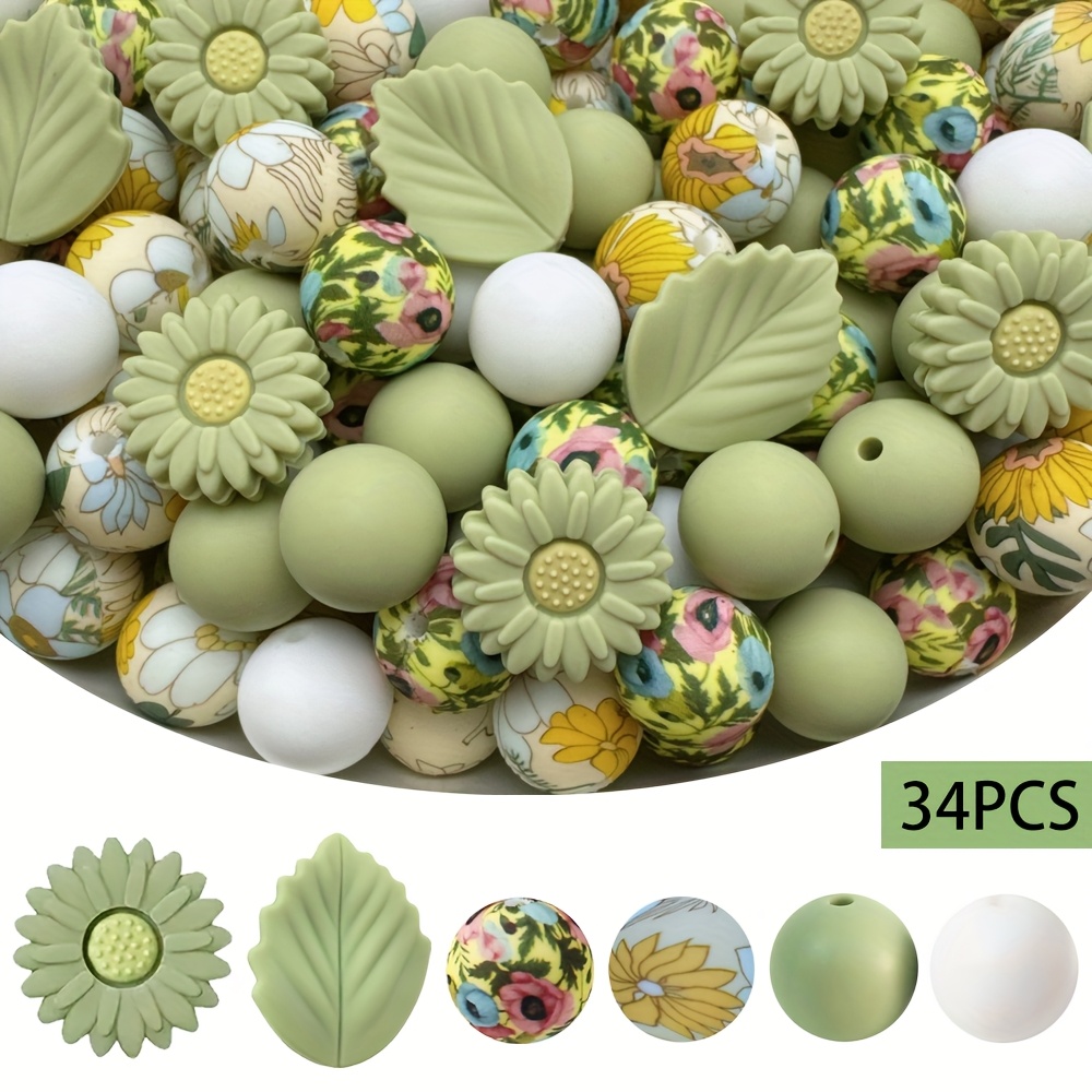 Image of 34pcs Leaf And Chrysanthemum Silicone Beads, Multicolor Printed Floral Beads, 15mm Round And , For Crafts, Keychains, Straps, Jewelry Making, Jewelry Supplies And Gifts