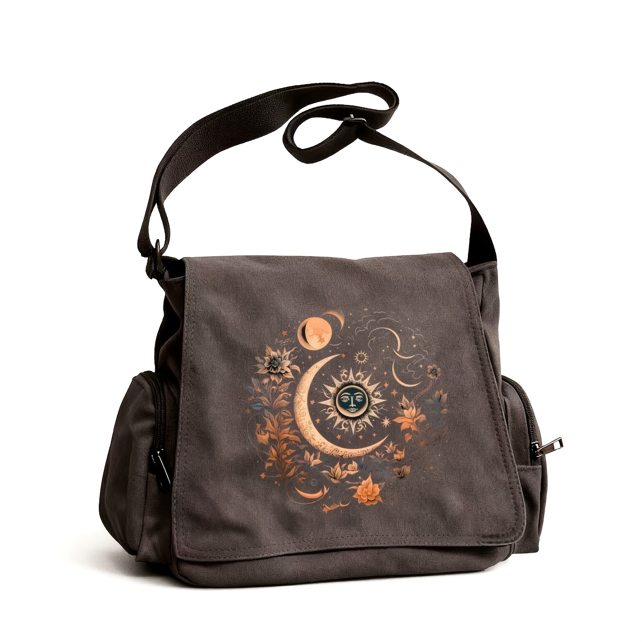 TEMU Large-capacity Single-shoulder Bag, Vintage Tote Crossbody Messenger Bag, Moon, Stars, And Floral Pattern, Artistic Forest-style, Suitable For