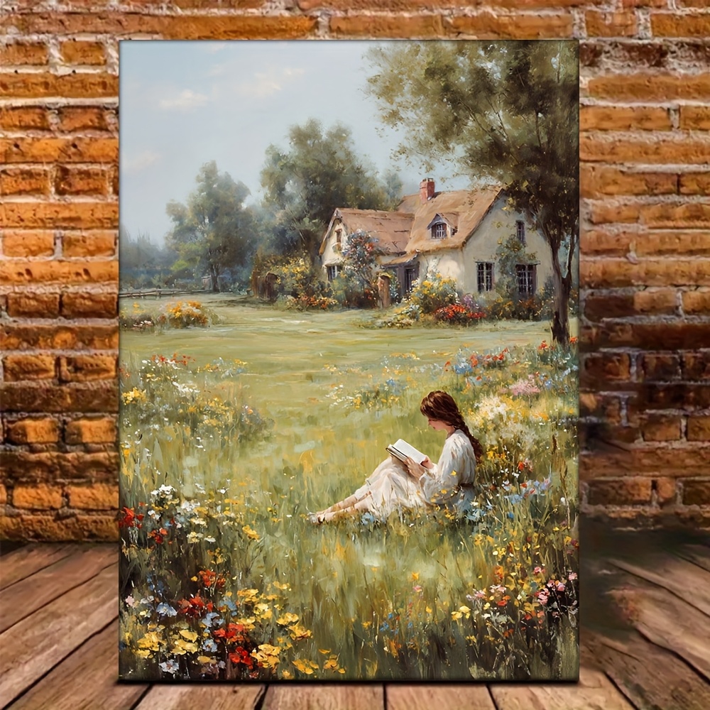 TEMU 2d Flat, 2d Flat Prints,1pc Unframed Retro Girl Reading Canvas Wall Art - 12x16 Inch Canvas Painting Style, And Pastoral Scenery, Flowers, Home