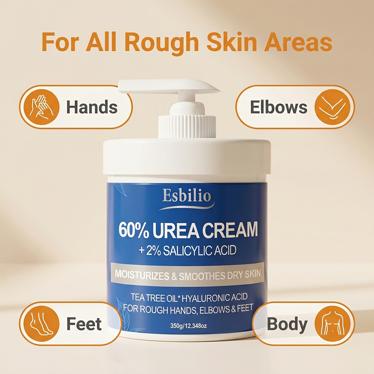 ESBILIO 60% Urea Cream 350g with Salicylic Acid / Non-Greasy Fast-Absorbing Formula / Suitable for Dry Cracked Skin, Rough Heels, Knees, Elbows & Hands / All-Over Body Hydration for Softening & Smoothing, Suitable for