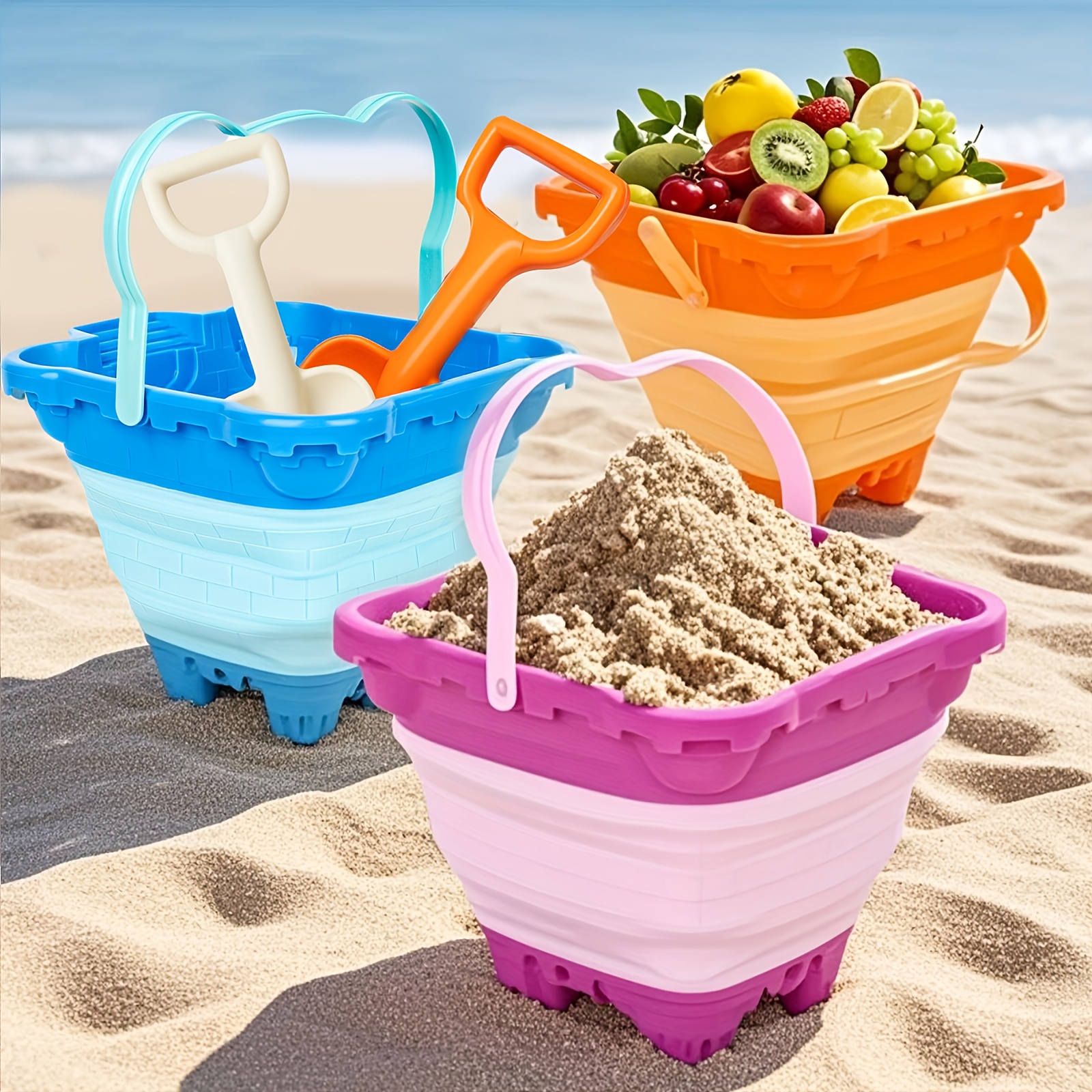 TEMU [3pcs Collapsible Beach Buckets]plastic Beach Buckets |foldable Sand Toys Buckets For Kids, Colorful, Durable Sand Pails With Handles For Summer